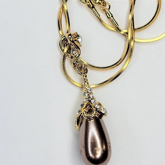 CHAMPAGNE Bronze Pearl Teardrop Pendant Necklace and Chain - Picture 4 of 8
